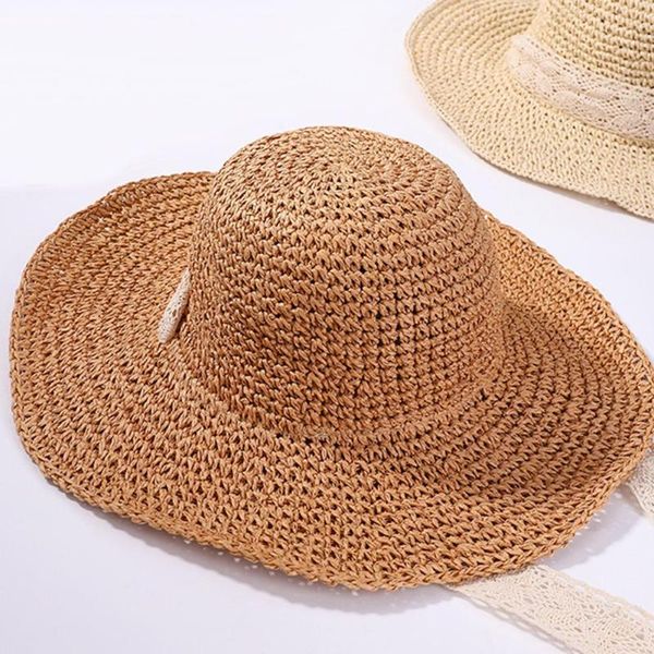 

women foldable crochet knit straw lace tie large brim hat sun protection sunhat, Blue;gray