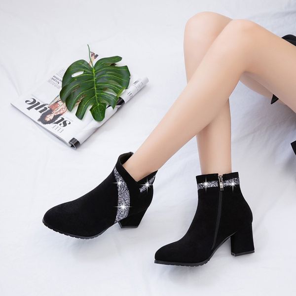

women's boots autumn and winter new round head zipper color matching sequin mid heel short tube women's shoes plus, Black