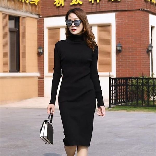 

turtleneck slim dress woman autumn designer knit long sleeve casual dresses women ol solid clothes womens sexy, Black;gray