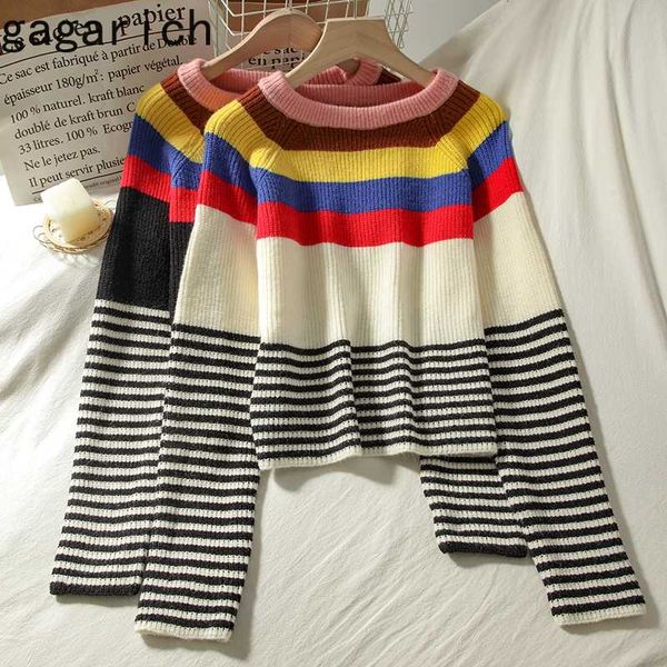 

gagarich woman sweater autumn new o neck pullovers korean-style loose striped contrasting color long sleeve knit mujer, White;black