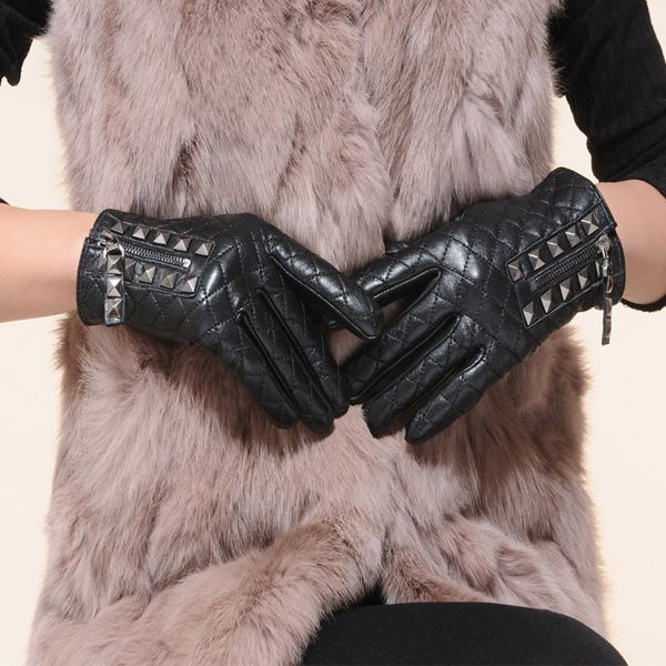 

five fingers gloves fashion design women rivet zipper genuine leather full finger sheepskin ladies autumn winter driving, Blue;gray