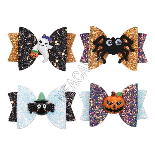 

halloween kids hairpin funny props bows barrettes cartoon print pumpkin glitter powder children gift hairpin hair accessories d82002, Slivery;white