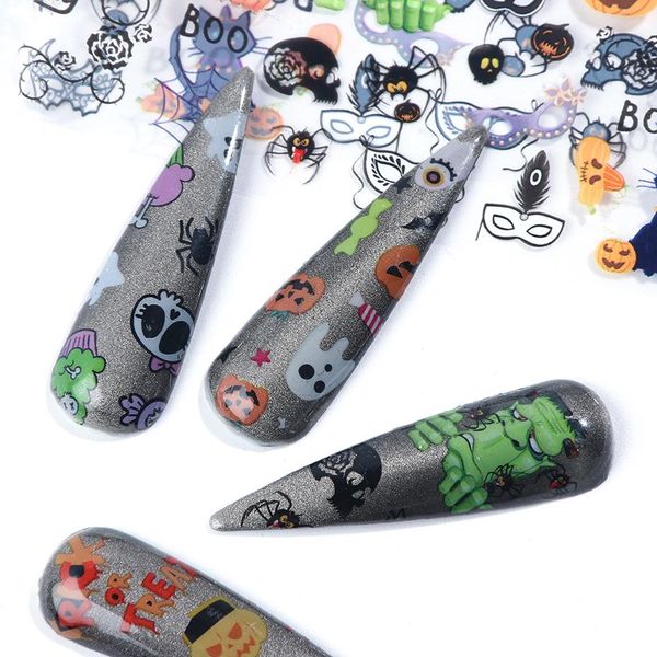 

10pcs/lot halloween nail foil holographic pumpkin flame spider nail art transfer sticker adhesive wraps manicure decoration 2002, Black
