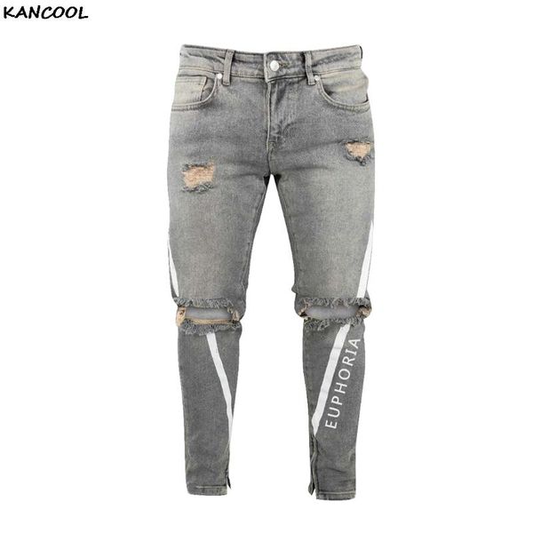 

kancool тощий ripped stretch тонкий эластичный джинсовые брюки большой размер мужской spring summer hip hop печать streetwear men jeans, Blue