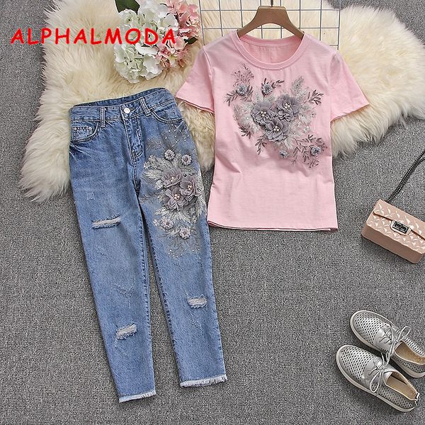 

alphalmoda 2020 лето женщины стильный короткими рукавами tshirts jeans тяжелые работы 3d цветочные cotton тенниски и рваные брюки, White
