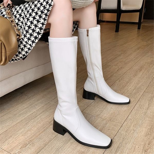 

pxelena fashion women riding knee high boots natural genuine leather square toe block high heels boots lady shoes autumn winter, Black
