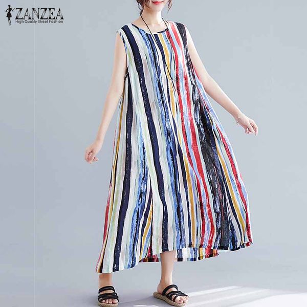 

casual dresses zanzea summer striped printed dress women o neck sleeveless loose sundress femme robe vintage party vestido tanks, Black;gray