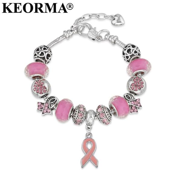

keorma breast cancer awareness pink ribbon pendant heart snake chain adjustable charm bracelet & bangles women mother's day gift, Golden;silver