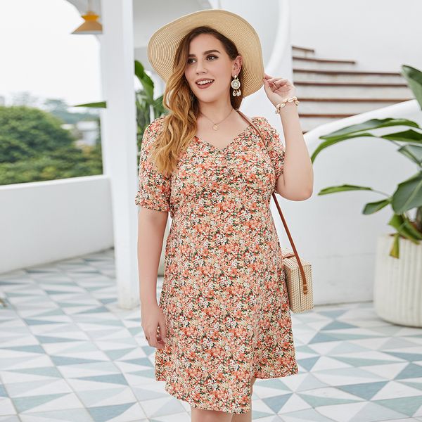 

plus size womens floral print front cross deep v-neck flare sleeve loose short mini dress women plus size dressl