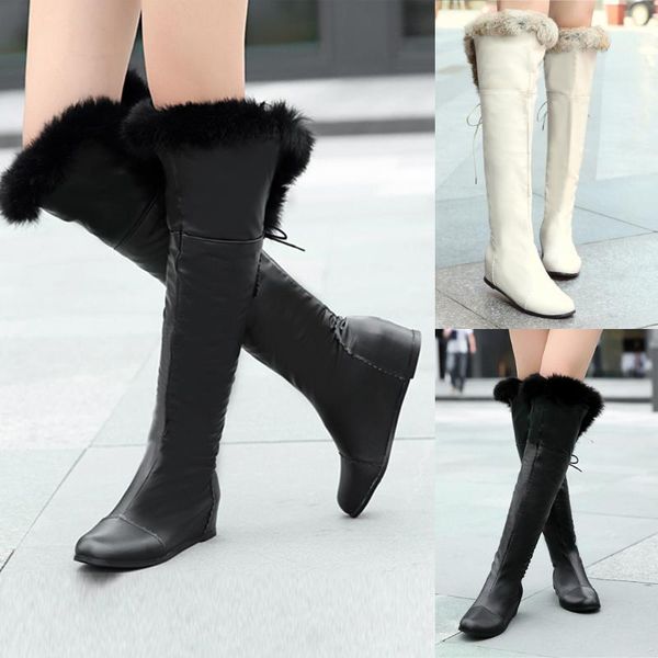 

winter women's leather flats wedges shoeskeep warm fold over the knee snow boots, Black