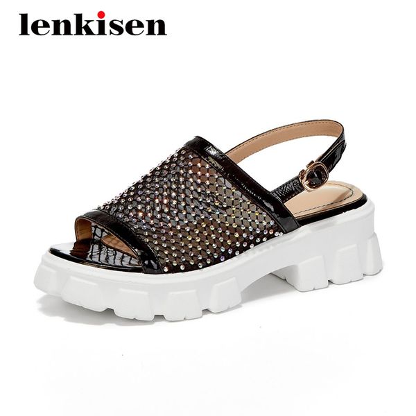 

lenkisen new air mesh breathable sunscreen wedges peep toe thick bottom wedges waterproof maiden high heels sandals women l20, Black