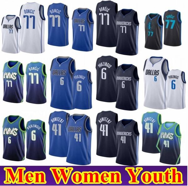 

mens women kids youth 77 doncic kristaps 6 porzingis basketball jersey mens dirk 41 nowitzki city bule white shirt stitched jersey, Black;red