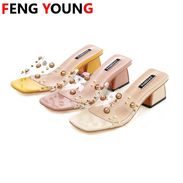 

women slippers square toe simple 2020 pearls summer transparent vamp fashion girl shoes dress chunky mid-heel zapatos de mujer, Black