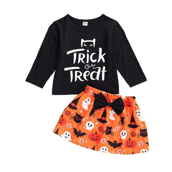 

2pcs fashionable little girls halloween outfit summer autumn sweet style round collar long sleeve letter + pumpkin cat bat, White