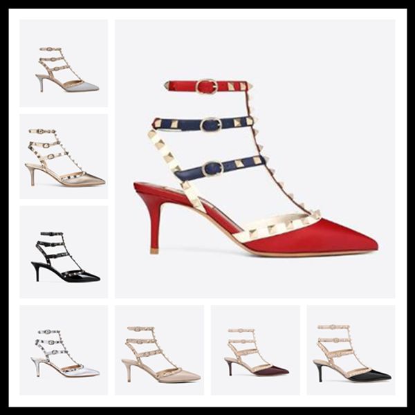 

fashion pointed toe studs patent leather rivets sandals womens studded strappy dress shoes valentine 10cm 6cm high heel shoes, Black