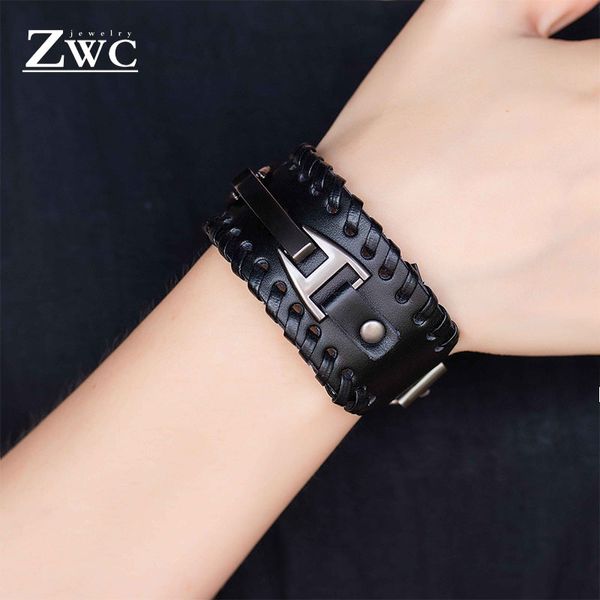 

zwc fashion vintage upscale leather punk bracelet for women men personality weave rivet buckle bracelet jewelry wholesale gifts, Black