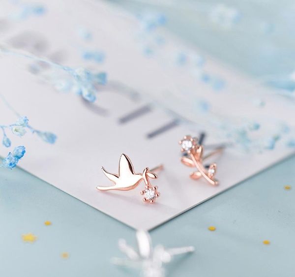 

inzareal 925 sterling silver cute zircon bird flower stud earrings for fashion women party fine jewelry 2020 accessories01, Golden;silver