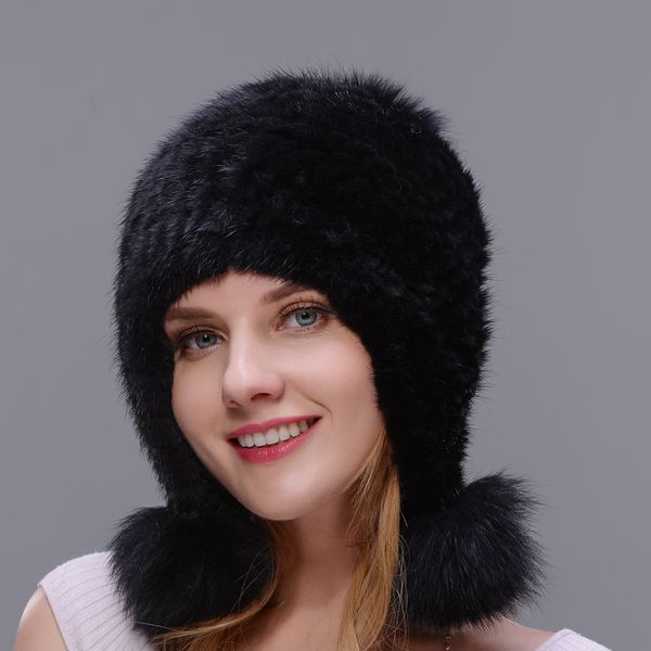 

real natural hat double closely woven hat for women with three fur pom poms thick and warmth, Blue;gray