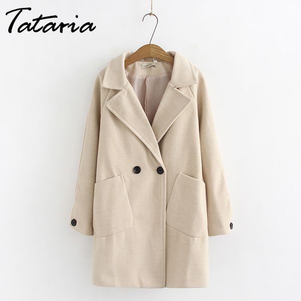 

tataria plus size wool blend coat for women winter long coats female elegant turn-down collar outwear jacket women loose warm, Black