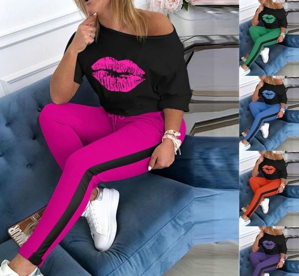 

2020 женщины дизайнер tracksuit 2 piece set осень и весна повседневный lip английский отпечатано шею длинным рукавом брюки спортивный костюм, Gray