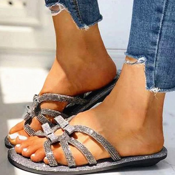 

flat slippers with bling rhinestones fashion slip-on shallow flat shoes casual ladies outdoor beach holiday slipper flip flops, Black