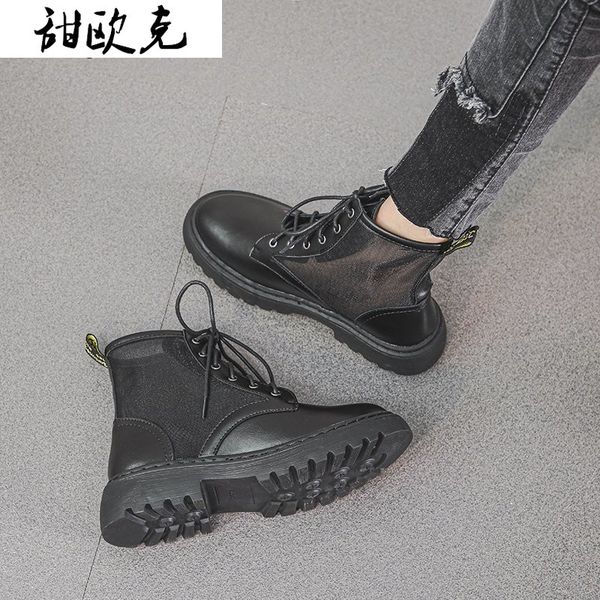 

2020 autumn new fashion women cool boots round lace up women cool boots solid color mid calf mesh square heel, Black