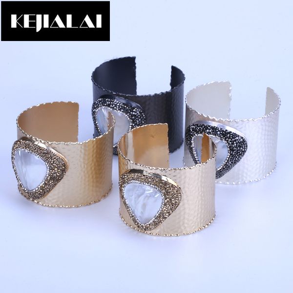 

dankaishi new brand women and men gold color metal bangle with natural stone pave setting rhinestone cz pearl gift, Black