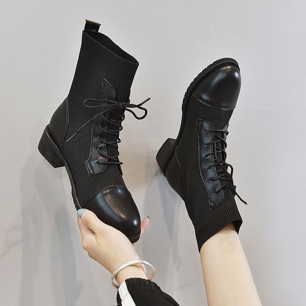 

stretch boots women's short boots 2020 new wild female british style autumn net red mid-tube black socks
