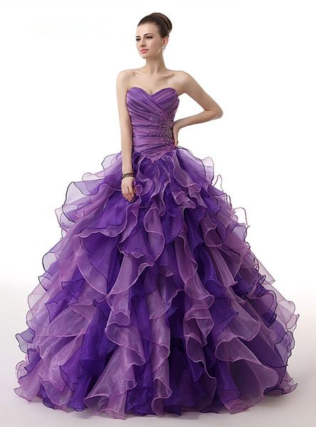 

Purple Puffy 2018 Cheap Quinceanera Dresses Ball Gown Sweetheart Organza Beaded Ruffles Sweet 16 Dresses