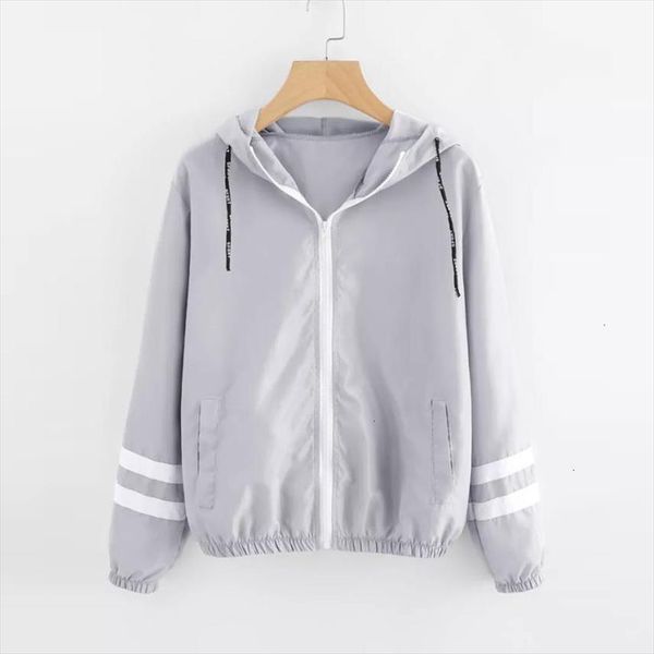 

women autumn contrast ribbons trim zip up hooded jacket striped patched sleeve girl coat outwear windbreaker jacket, Black;brown