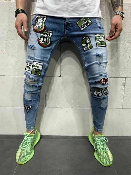 

fly male denim trousers mens designer jeans holes light washed pencil pants casual slim mid waist zipper, Blue
