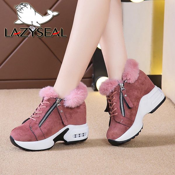 

boots lazyseal 4cm height increasing snow women winter furry lace-up zip pink platform shoes plush warm woman, Black