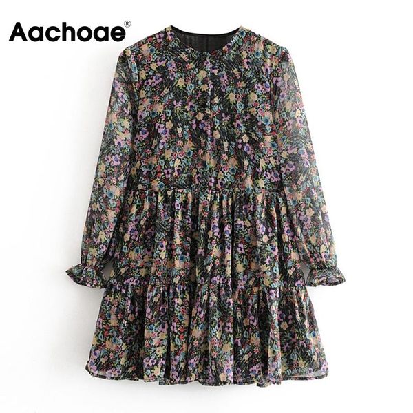 

aachoae long sleeve floral print bohemian dress women loose o neck chiffon mini dress casual pleated beach sundress robe femme, Black;gray