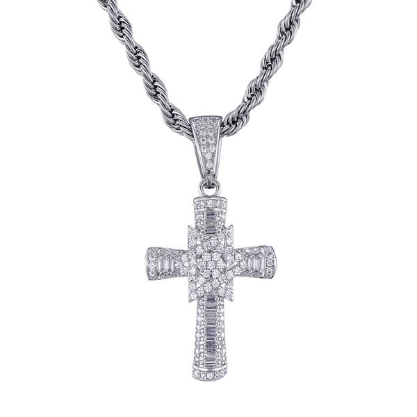 

hip hop paved + cubic zirconia stone iced out bling six-pointed star cross pendants necklace for men women rapper jewelry gif, Silver