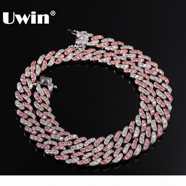 

f uwin 9mm iced out women choker necklace silver rose gold cuban link with white &pink cubic zirconia chain jewelry