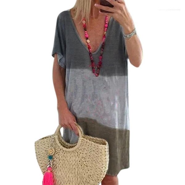 

womens v neck striped dress short sleeve loose colorblock fashion tshirt dress famale casual clothing, Black;gray