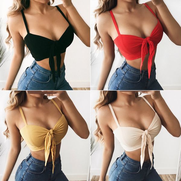 

2020 summer bow tie camis crop tops женщины девушки твердые короткие танки топы рукавов ремень casual v шеи sexy camis жилет, Black;white