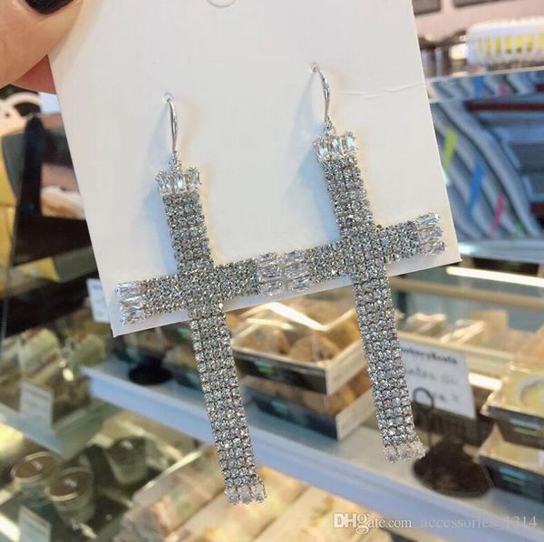 

New Europe and America exaggerated nightclub wind earrings fashion temperament full diamond cross long paragraph wild ear hook