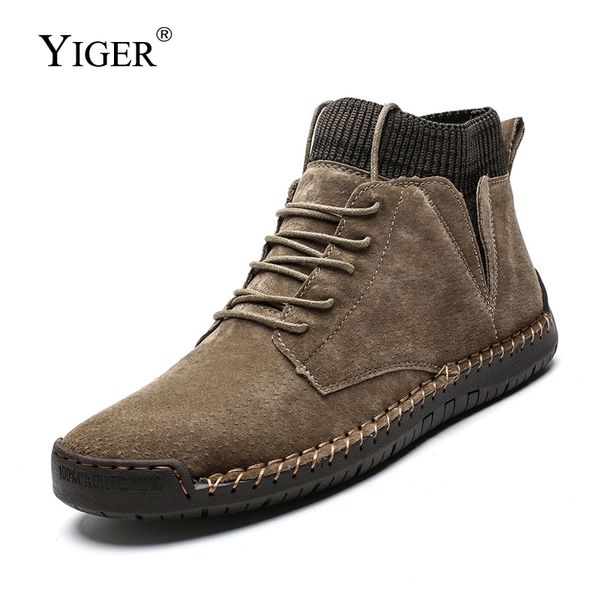

yiger new men socks boots cow suede large size man boots autumn winter warm male lace-up causal ankle booties 406, Black