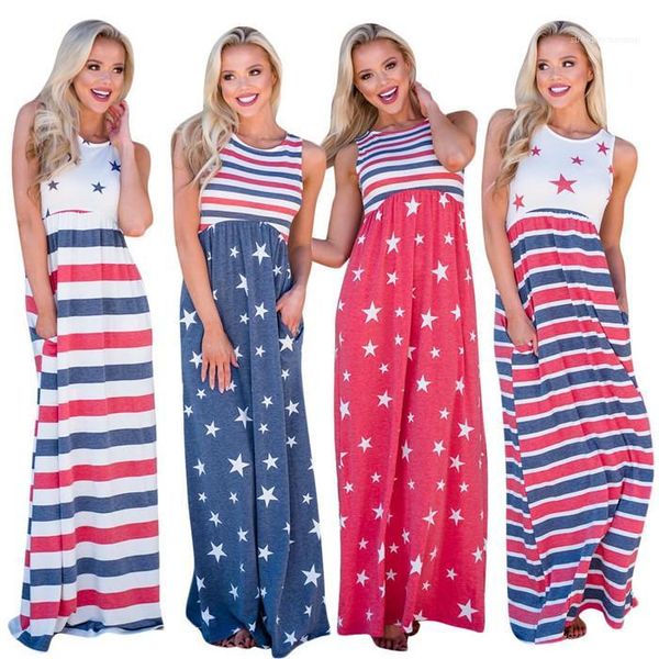 

summer cotton pocket dresses american independence day stripe print long dresses waist elastic sleeveless casual dresses, Black;gray
