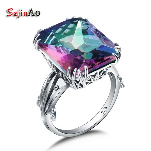 

szjinao promotional boutique jewelry silver antique colorful mystic rainbow z women real 925 sterling silver ring, Golden;silver