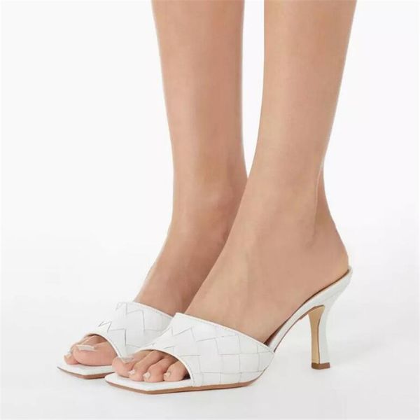 

new sexy pu алмазов площади головы peep toe высокий каблук тапочки летняя мода скольжения на тонких каблуках слайды женщины мулы партии, Black