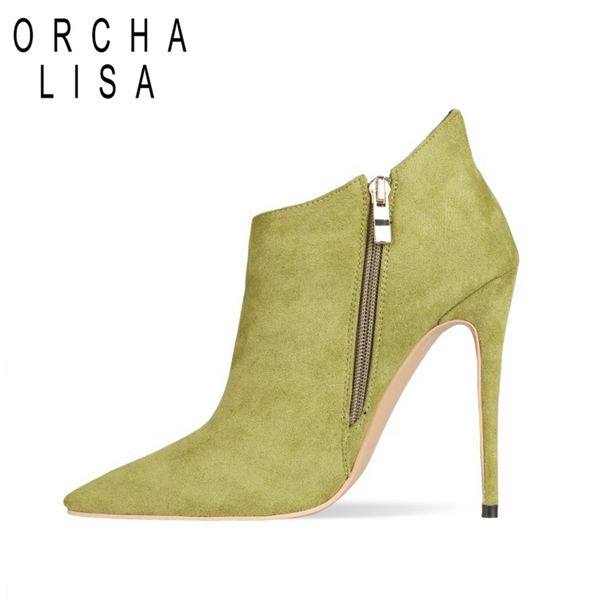 

orcha lisa autumn mid-calf boots pointed toe 12cm thin heels flock zipper solid big size 34-45 green red apricot pink work c1988, Black