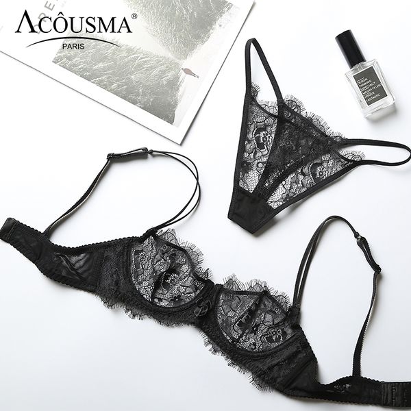 

acousma transparent lace bra and panty set summer ultra thin lingerie set demi cup unlined seamless g-string t back thongs, Red;black