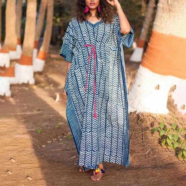 

women geometric long robe v neck maxi dress drawstring beach summer, Black;gray