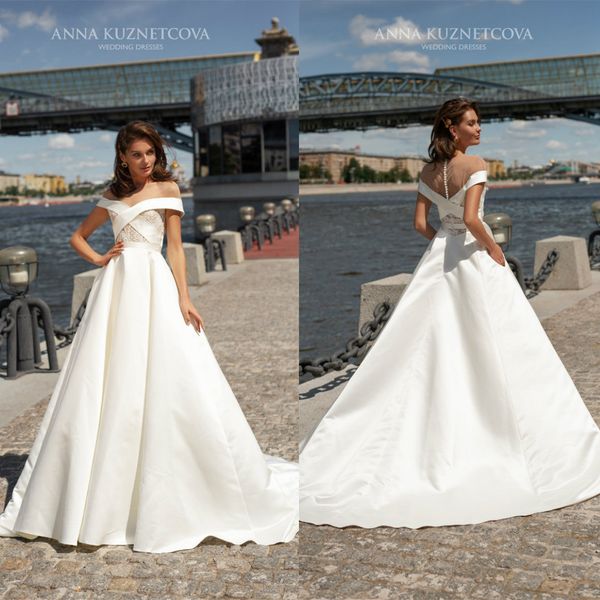 

2021 elegant wedding dresses capped sleeve lace appliques satin bridal gowns custom made button back sweep train a-line wedding dress, White