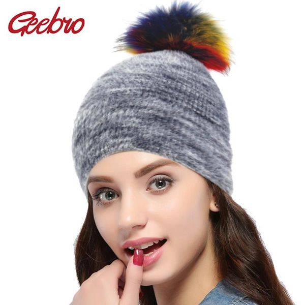 

geebro lovely velvet women pom hat winter warm slouchy lady beanie casual elastic female skull cap with 15cm faux fur pompom, Blue;gray