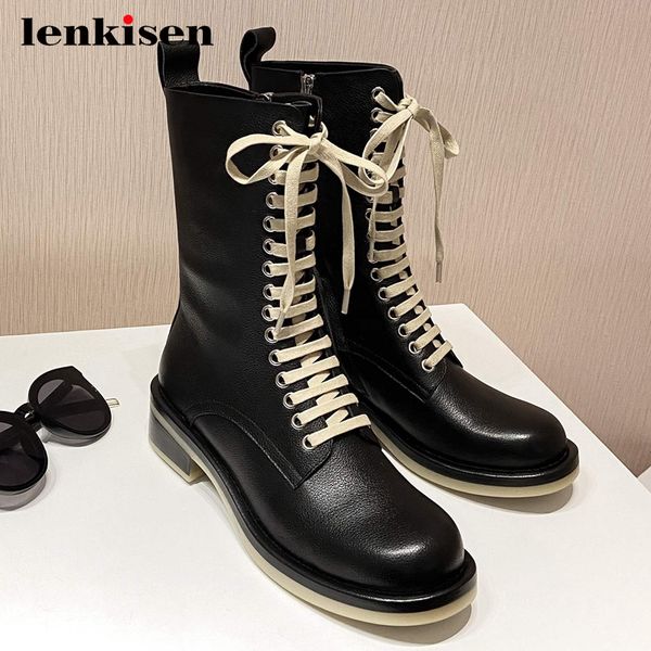 

lenkisen motorcycle boots genuine leather mixed colors cross-tied round toe thick med heel zipper handsome mid-calf boots l18, Black