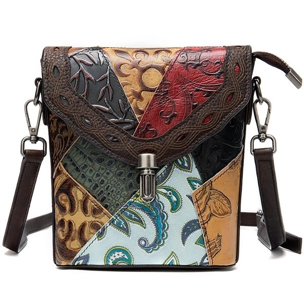 

2020 new retro embossing shoulder&crossbody bags cowhide multi-color stitching women small bag(random color matching