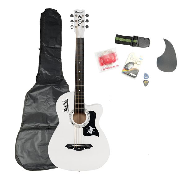 

new basswood cutaway white acoustic guitar w/bag string pick strap for beginner us stock